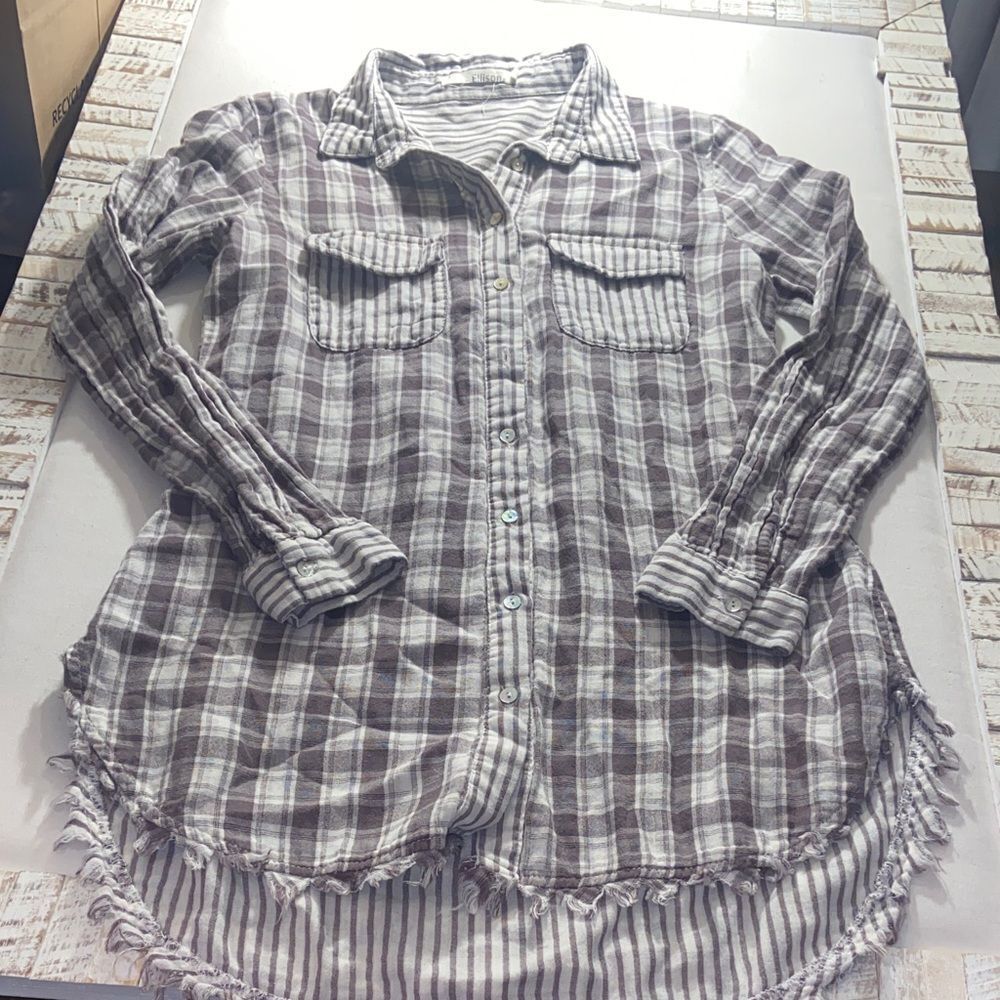 Ellison brown and White Striped Shirt dress rough hem details size medium